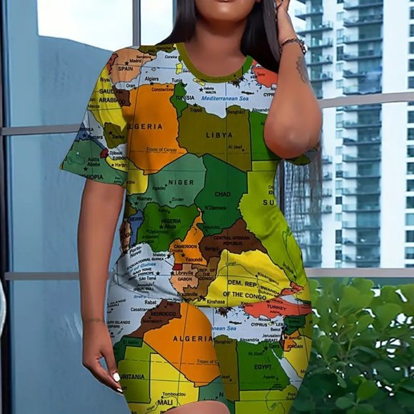 Dresses & Skirts - Plus Size Casual Outfits Two Piece Set, Women's Map Print Short Sleeve Dress